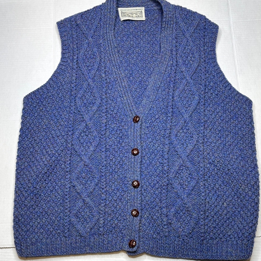 Aran Sweater Market merino wool cable knit button vest, size large